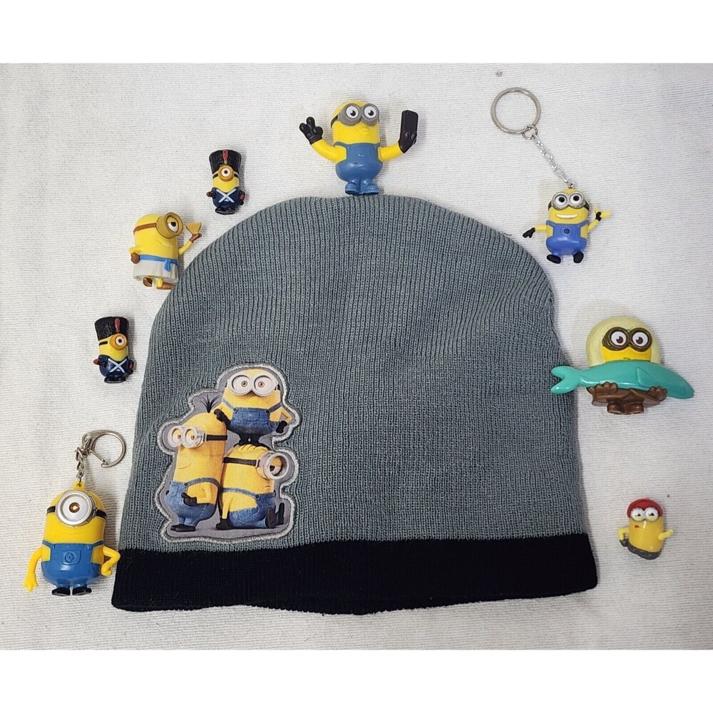 Minions 9pc Figurine, Keychain, One Size Beanie Lot